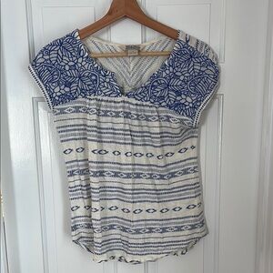 Lucky Brand Smocked Blue and White Cap Sleeve Blouse
